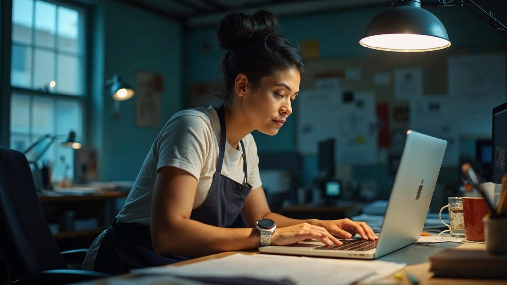 A small-business owner in an apron leaning over a laptop on a cluttered back-office desk late in the day, photographed in Houston
