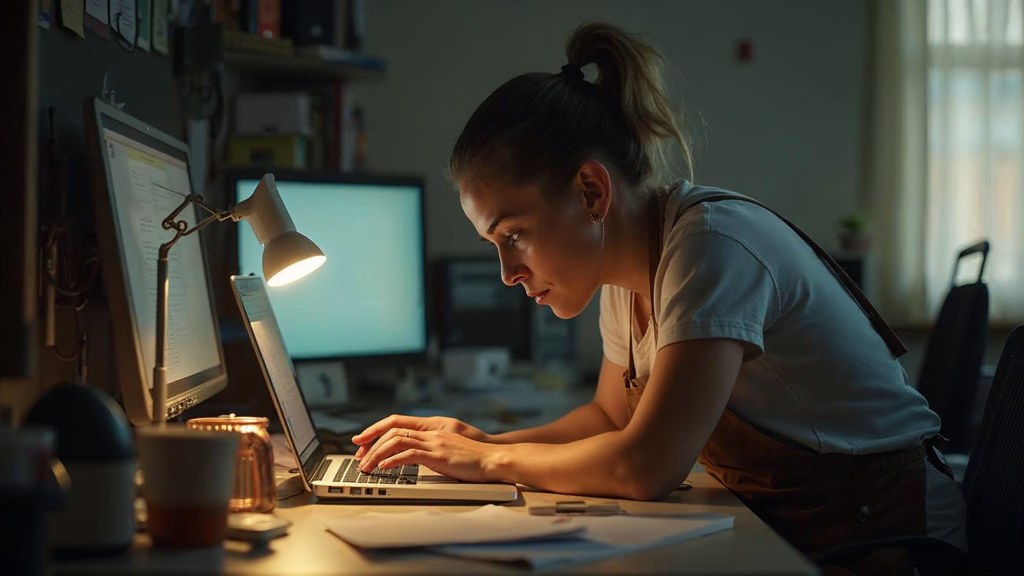A small-business owner in an apron leaning over a laptop on a cluttered back-office desk late in the day, photographed in Houston