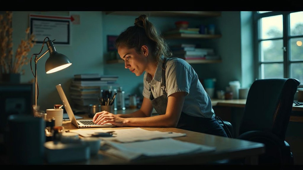 A small-business owner in an apron leaning over a laptop on a cluttered back-office desk late in the day, photographed in Houston