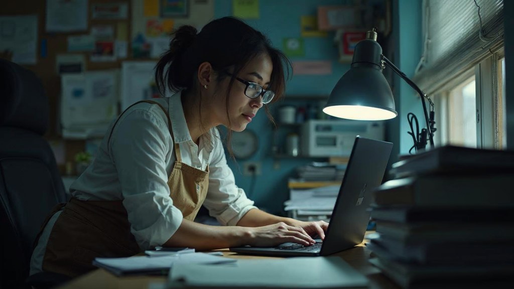 A small-business owner in an apron leaning over a laptop on a cluttered back-office desk late in the day, photographed in Houston