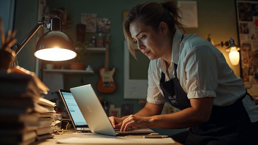 A small-business owner in an apron leaning over a laptop on a cluttered back-office desk late in the day, photographed in Houston