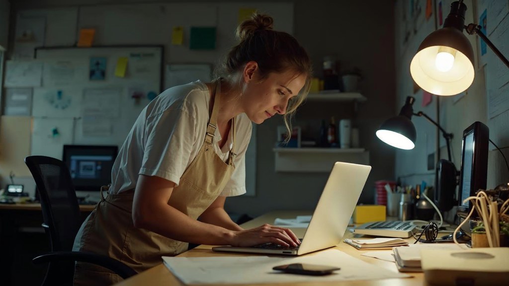 A small-business owner in an apron leaning over a laptop on a cluttered back-office desk late in the day, photographed in Houston