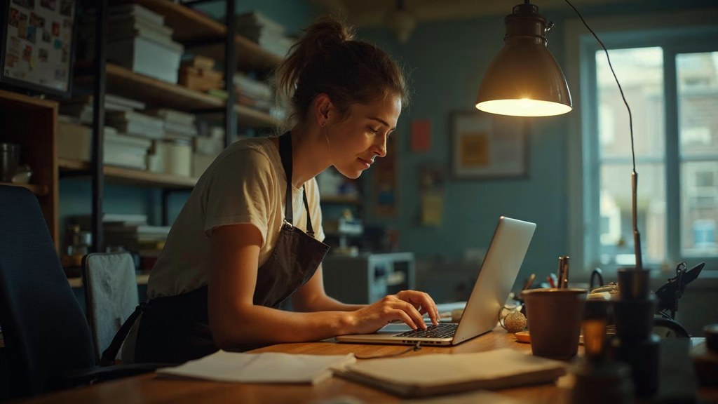 A small-business owner in an apron leaning over a laptop on a cluttered back-office desk late in the day, photographed in Houston