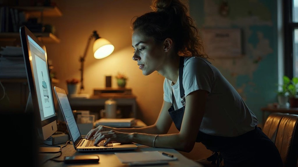 A small-business owner in an apron leaning over a laptop on a cluttered back-office desk late in the day, photographed in Houston