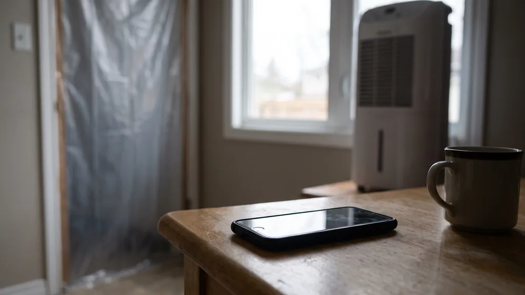 Editorial photograph of a smartphone face up on a kitchen table in a suburban home with a dehumidifier and a taped plastic containment sheet blurred in the background, no people