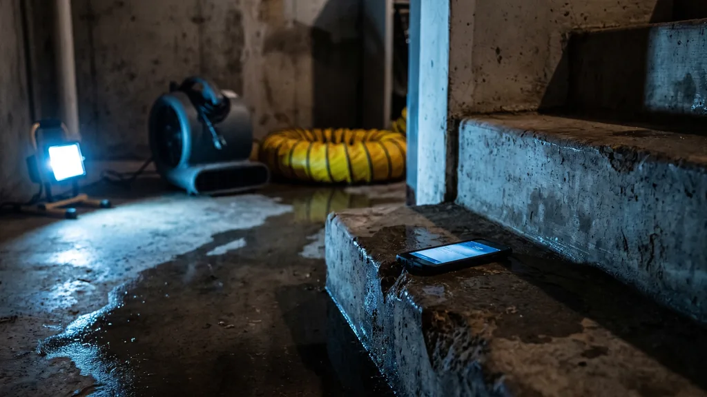 Editorial photograph of a smartphone resting on a wet concrete basement step at night with an air mover and coiled extraction hose blurred behind under a cool blue work light, no people