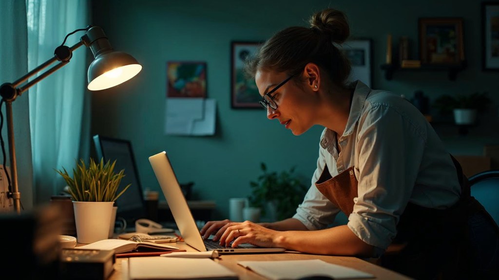 A small-business owner in an apron leaning over a laptop on a cluttered back-office desk late in the day, photographed in Houston