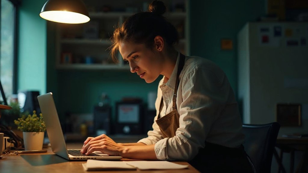 A small-business owner in an apron leaning over a laptop on a cluttered back-office desk late in the day, photographed in Hamilton