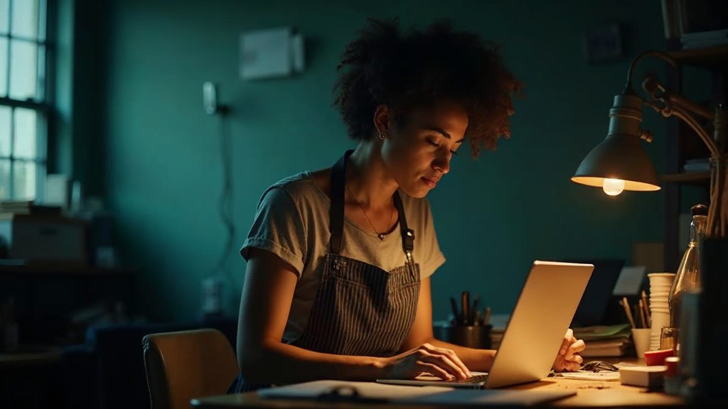 A small-business owner in an apron leaning over a laptop on a cluttered back-office desk late in the day, photographed in Houston
