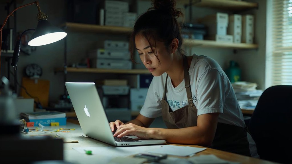 A small-business owner in an apron leaning over a laptop on a cluttered back-office desk late in the day, photographed in Honolulu