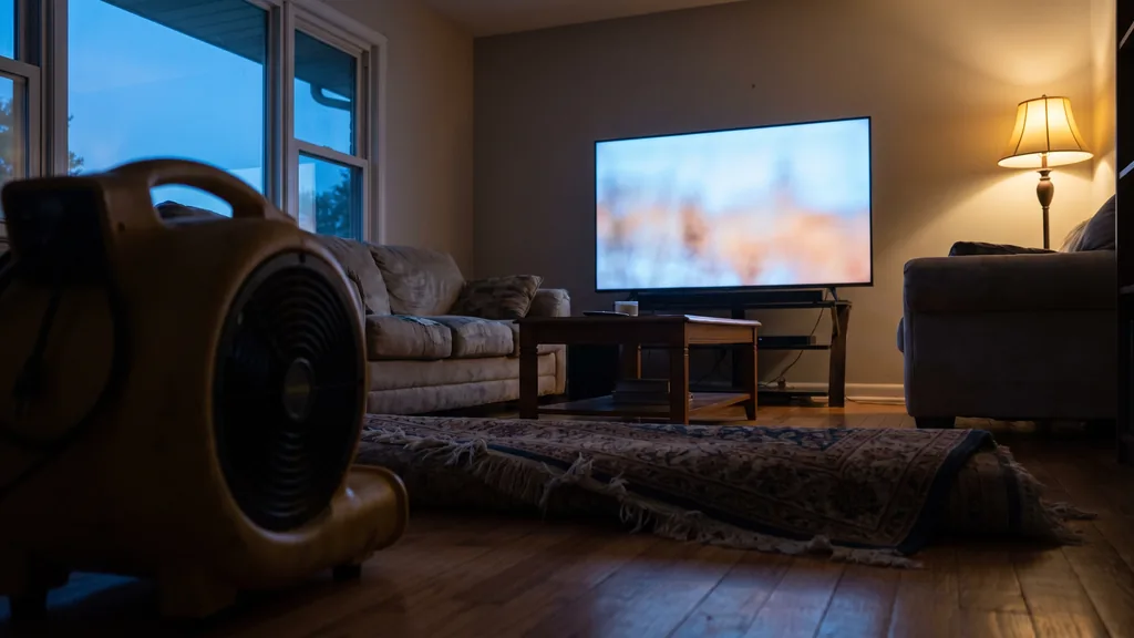 Editorial photograph of a living room television glowing in a dim suburban house at dusk with a portable air mover and a rolled damaged rug blurred in the foreground, no people