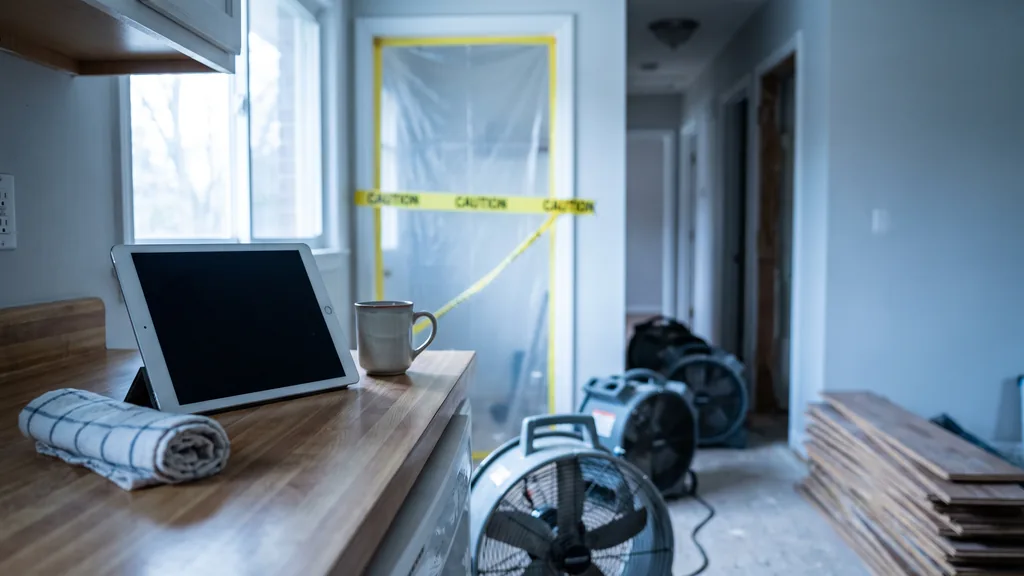 Editorial photograph of a tablet propped on a kitchen counter beside a taped-off wet hallway with drying fans and lifted floorboards blurred behind in cool morning daylight, no people
