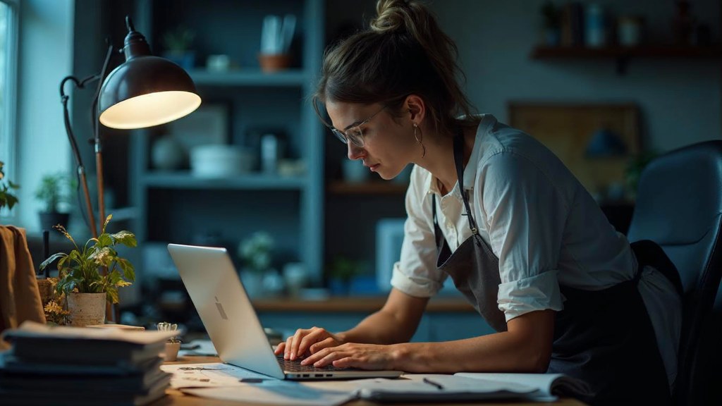 A small-business owner in an apron leaning over a laptop on a cluttered back-office desk late in the day, photographed in Huntsville