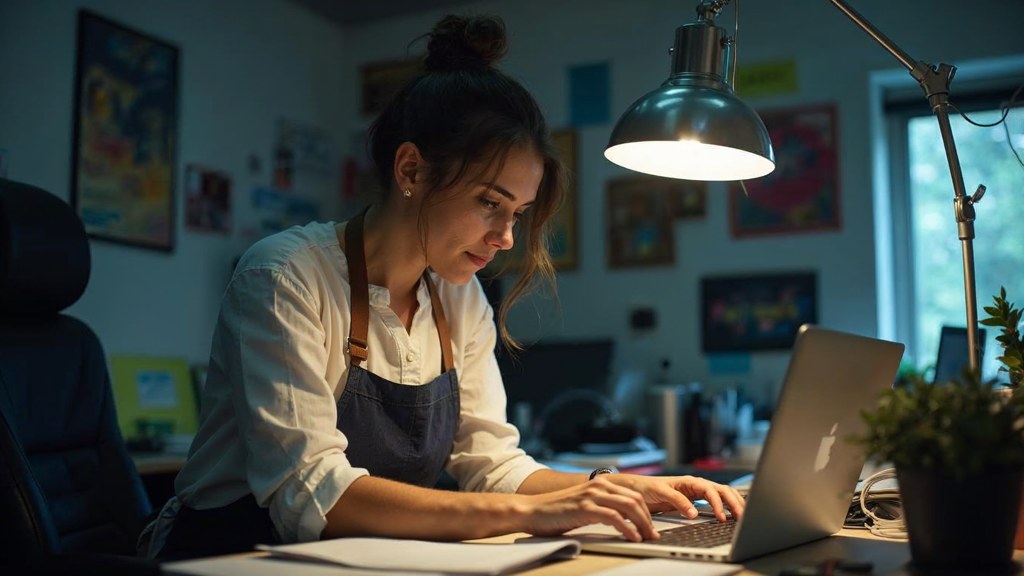 A small-business owner in an apron leaning over a laptop on a cluttered back-office desk late in the day, photographed in Huntsville