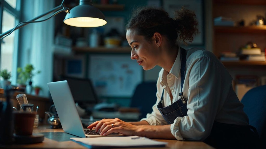 A small-business owner in an apron leaning over a laptop on a cluttered back-office desk late in the day, photographed in Huntsville