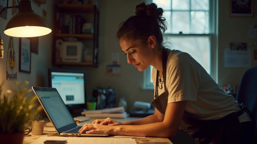 A small-business owner in an apron leaning over a laptop on a cluttered back-office desk late in the day, photographed in Huntsville