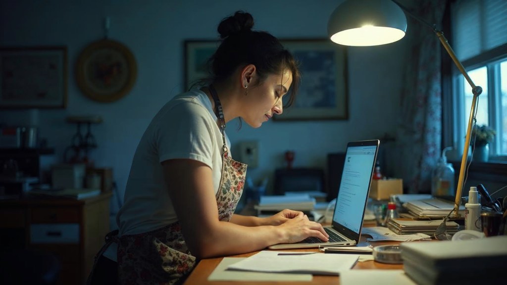 A small-business owner in an apron leaning over a laptop on a cluttered back-office desk late in the day, photographed in Huntsville