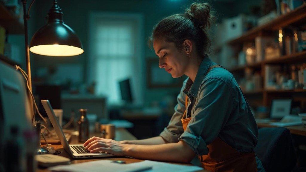 A small-business owner in an apron leaning over a laptop on a cluttered back-office desk late in the day, photographed in Huntsville
