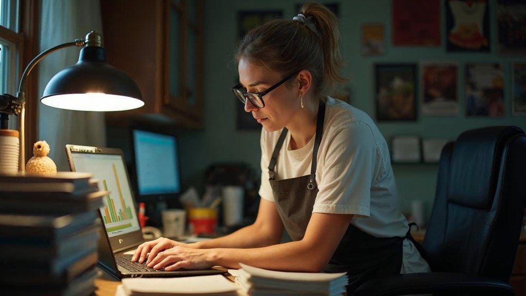 A small-business owner in an apron leaning over a laptop on a cluttered back-office desk late in the day, photographed in Huntsville