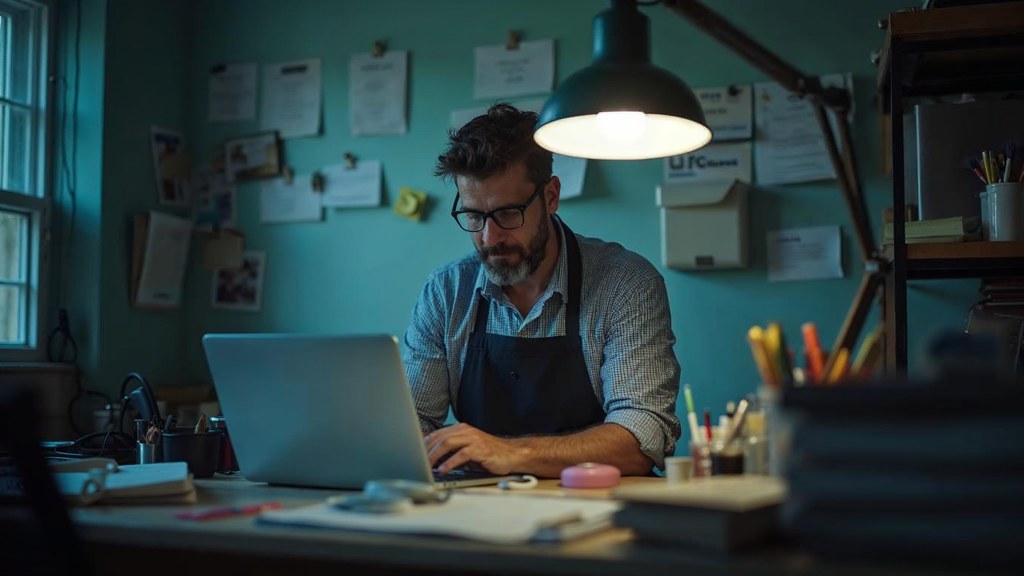 A small-business owner in an apron leaning over a laptop on a cluttered back-office desk late in the day, photographed in Huntsville