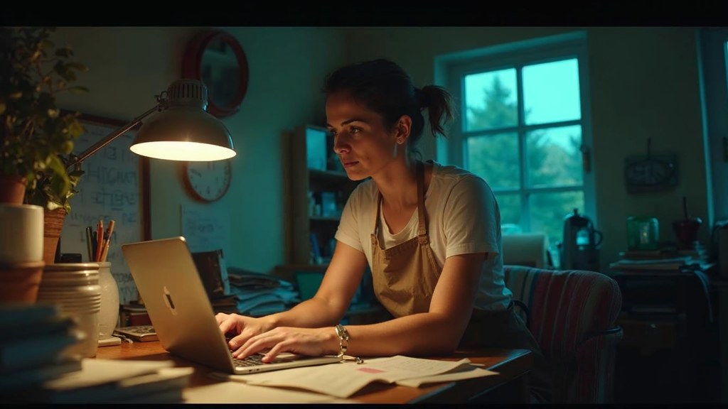 A small-business owner in an apron leaning over a laptop on a cluttered back-office desk late in the day, photographed in Huntsville