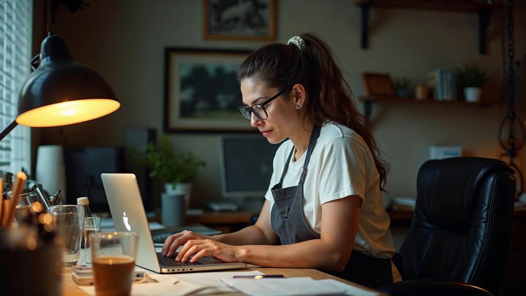A small-business owner in an apron leaning over a laptop on a cluttered back-office desk late in the day, photographed in Huntsville