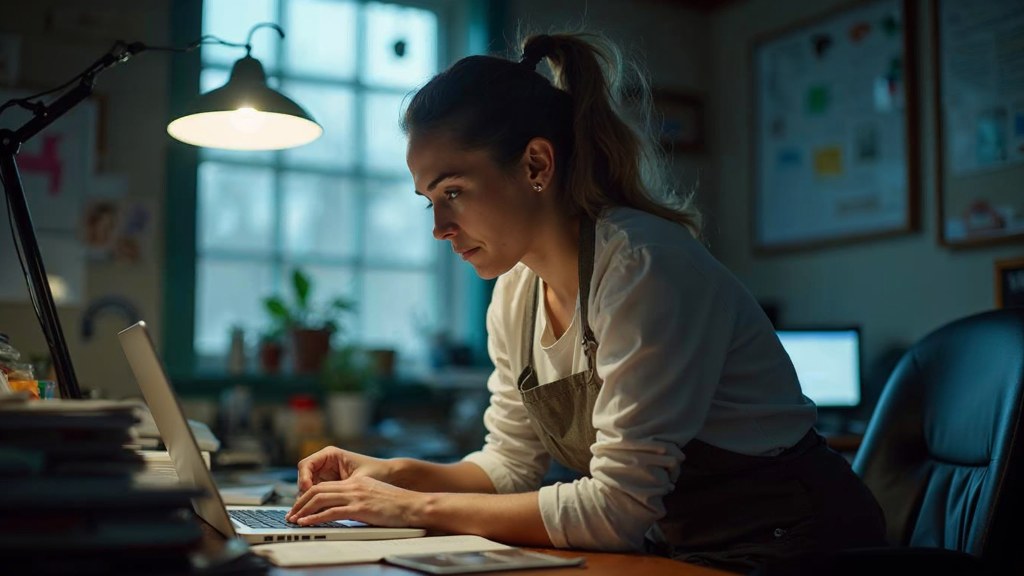 A small-business owner in an apron leaning over a laptop on a cluttered back-office desk late in the day, photographed in Huntsville