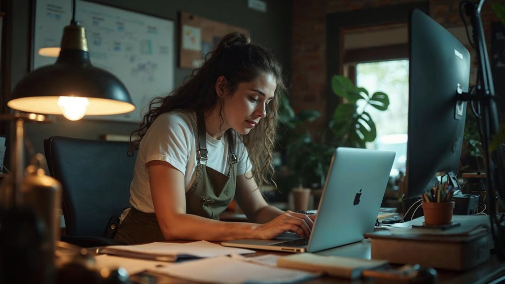 A small-business owner in an apron leaning over a laptop on a cluttered back-office desk late in the day, photographed in Huntsville