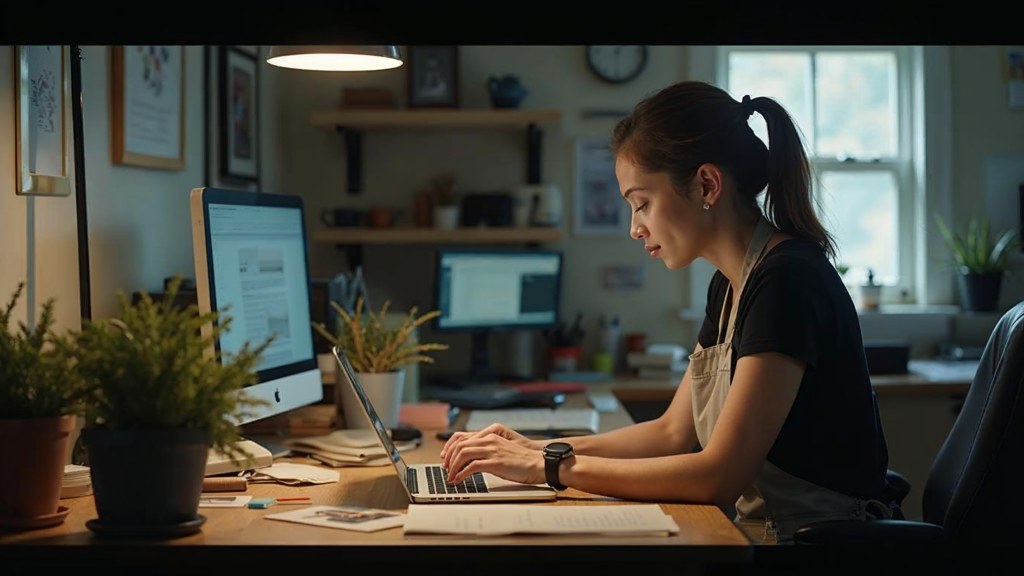 A small-business owner in an apron leaning over a laptop on a cluttered back-office desk late in the day, photographed in Huntsville