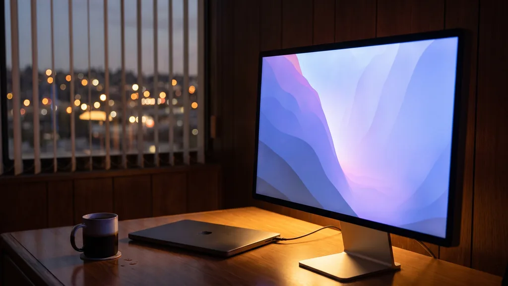 Editorial photograph of a large monitor glowing on a quiet wood-panelled office desk at dusk beside a closed laptop and a cup of coffee, city lights blurred through vertical blinds, no people