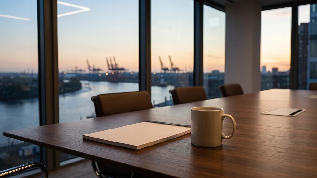 Editorial photograph of an empty modern office meeting room at dusk with tall windows onto a wide river bend and distant industrial cranes
