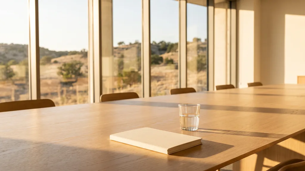 Editorial photograph of an empty sunlit office boardroom in the late afternoon with tall windows onto dry limestone hills and mesquite trees