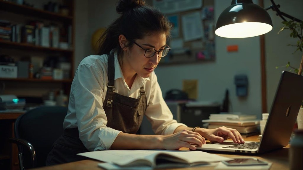 A small-business owner in an apron leaning over a laptop on a cluttered back-office desk late in the day, photographed in Indianapolis