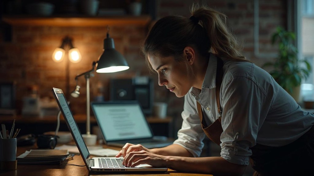 A small-business owner in an apron leaning over a laptop on a cluttered back-office desk late in the day, photographed in Indianapolis