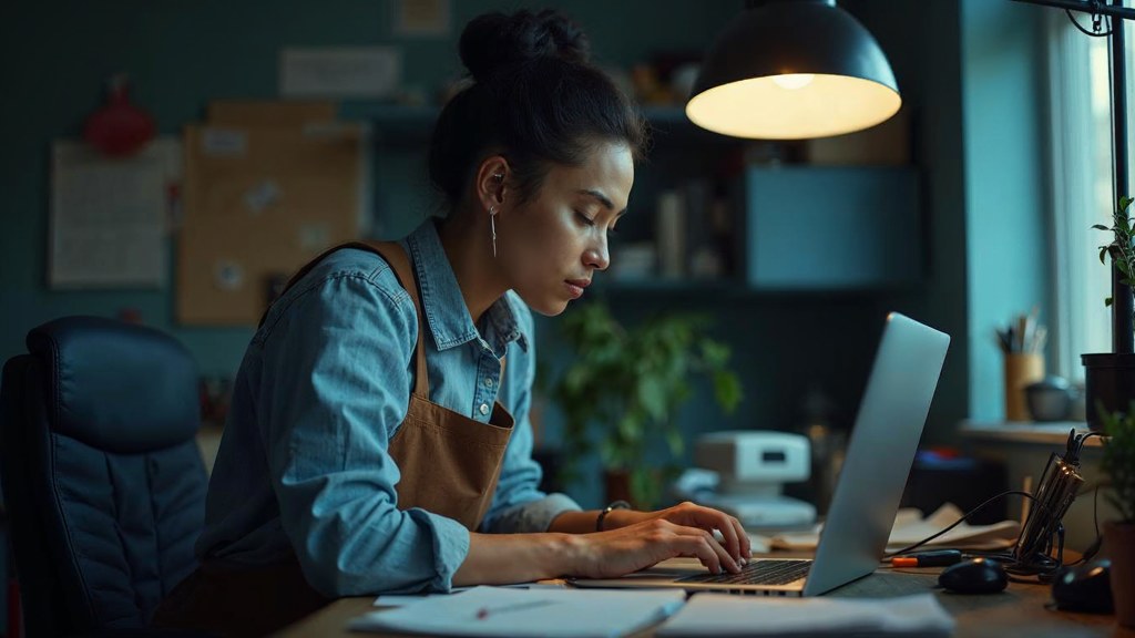 A small-business owner in an apron leaning over a laptop on a cluttered back-office desk late in the day, photographed in Indianapolis