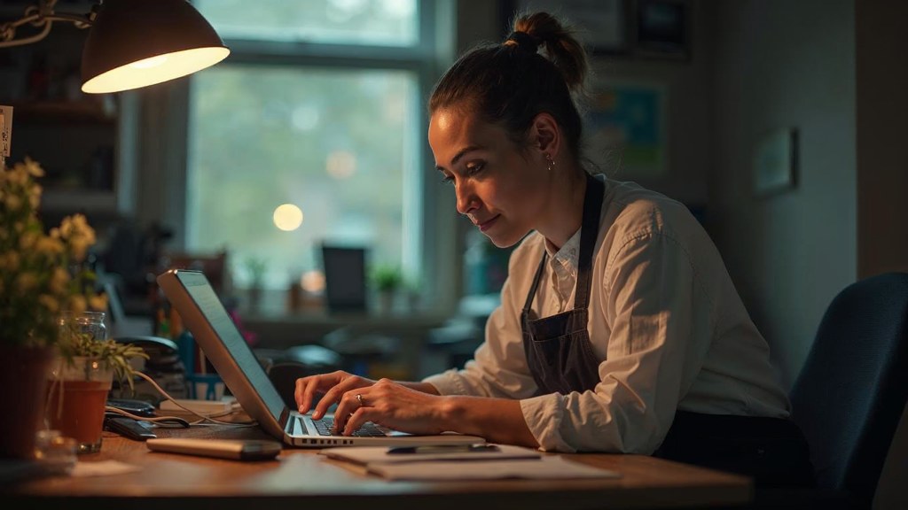 A small-business owner in an apron leaning over a laptop on a cluttered back-office desk late in the day, photographed in Indianapolis