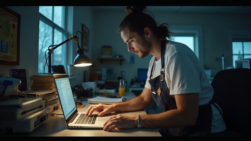 A small-business owner in an apron leaning over a laptop on a cluttered back-office desk late in the day, photographed in Indianapolis