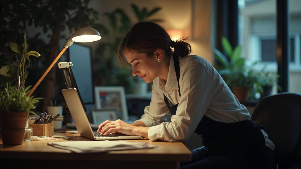 A small-business owner in an apron leaning over a laptop on a cluttered back-office desk late in the day, photographed in Indianapolis