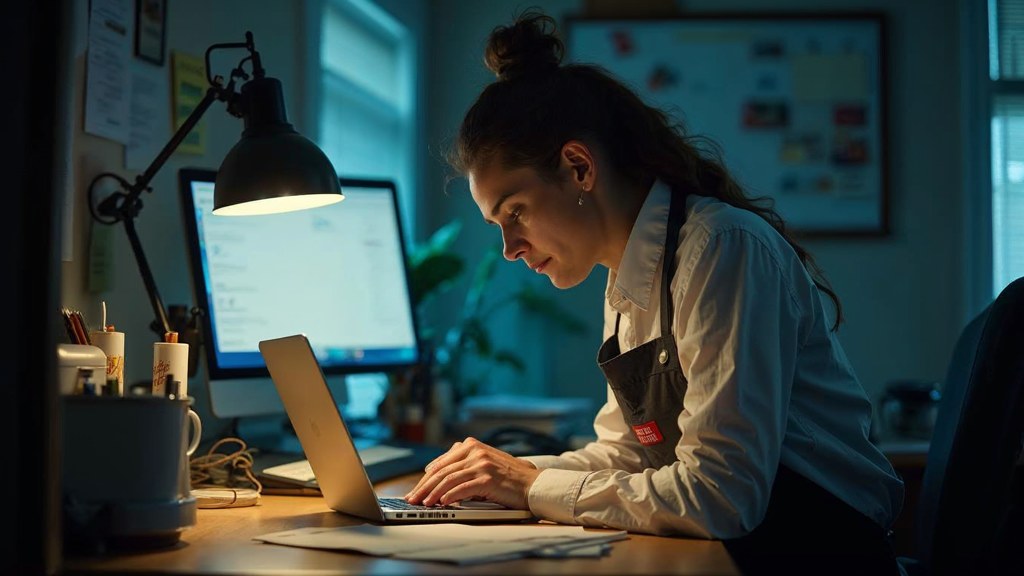 A small-business owner in an apron leaning over a laptop on a cluttered back-office desk late in the day, photographed in Indianapolis