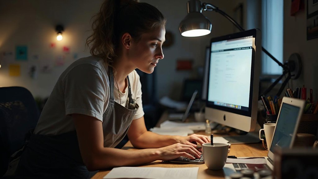 A small-business owner in an apron leaning over a laptop on a cluttered back-office desk late in the day, photographed in Indianapolis
