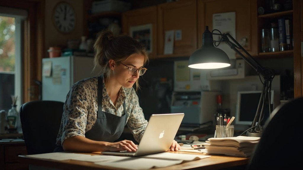 A small-business owner in an apron leaning over a laptop on a cluttered back-office desk late in the day, photographed in Indianapolis