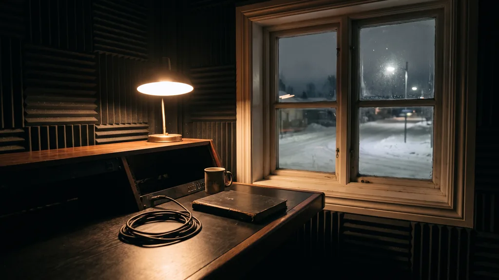 Editorial photograph of an empty recording studio control room at night with acoustic panels and a snowy prairie street visible through the window
