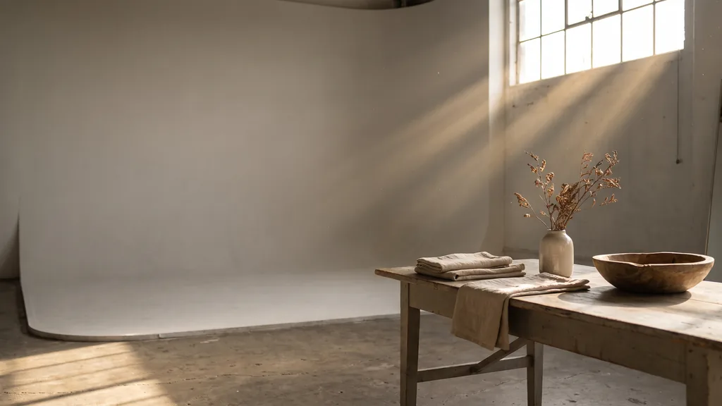 Editorial photograph of an empty photography studio with a light grey cyclorama wall, a styling table with neutral props and warm afternoon light