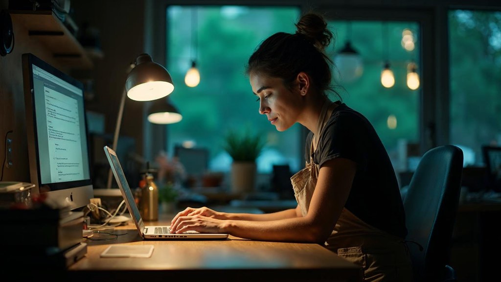 A small-business owner in an apron leaning over a laptop on a cluttered back-office desk late in the day, photographed in Indianapolis