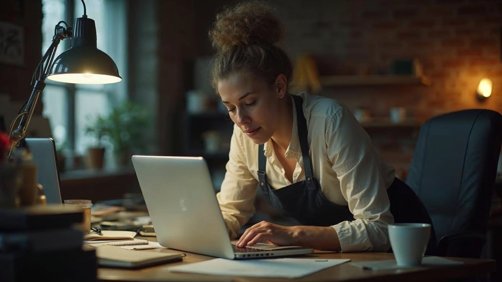A small-business owner in an apron leaning over a laptop on a cluttered back-office desk late in the day, photographed in Indianapolis