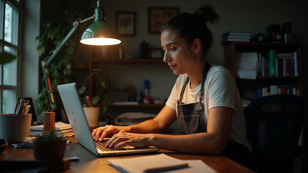 A small-business owner in an apron leaning over a laptop on a cluttered back-office desk late in the day, photographed in Indianapolis