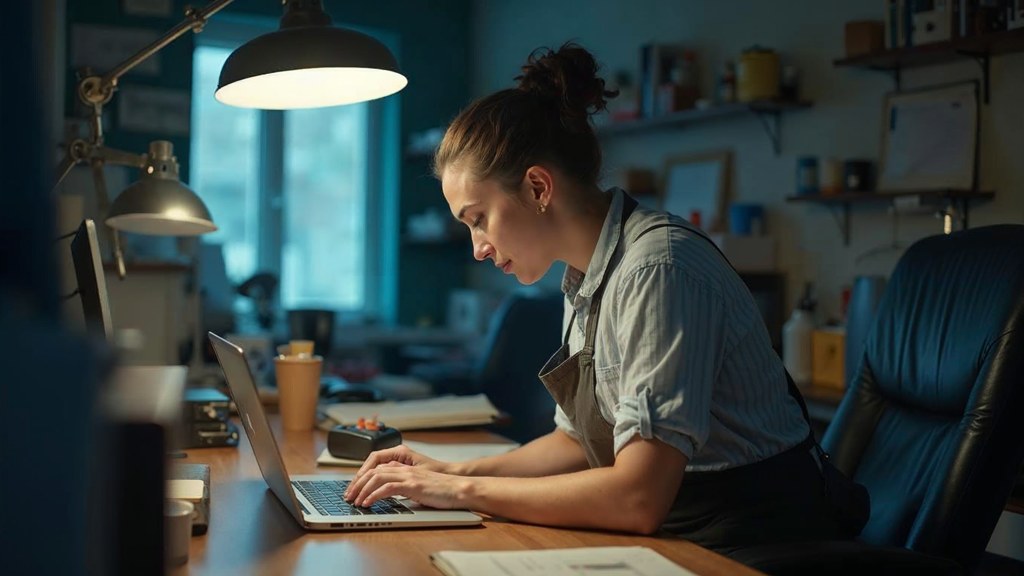 A small-business owner in an apron leaning over a laptop on a cluttered back-office desk late in the day, photographed in Indianapolis