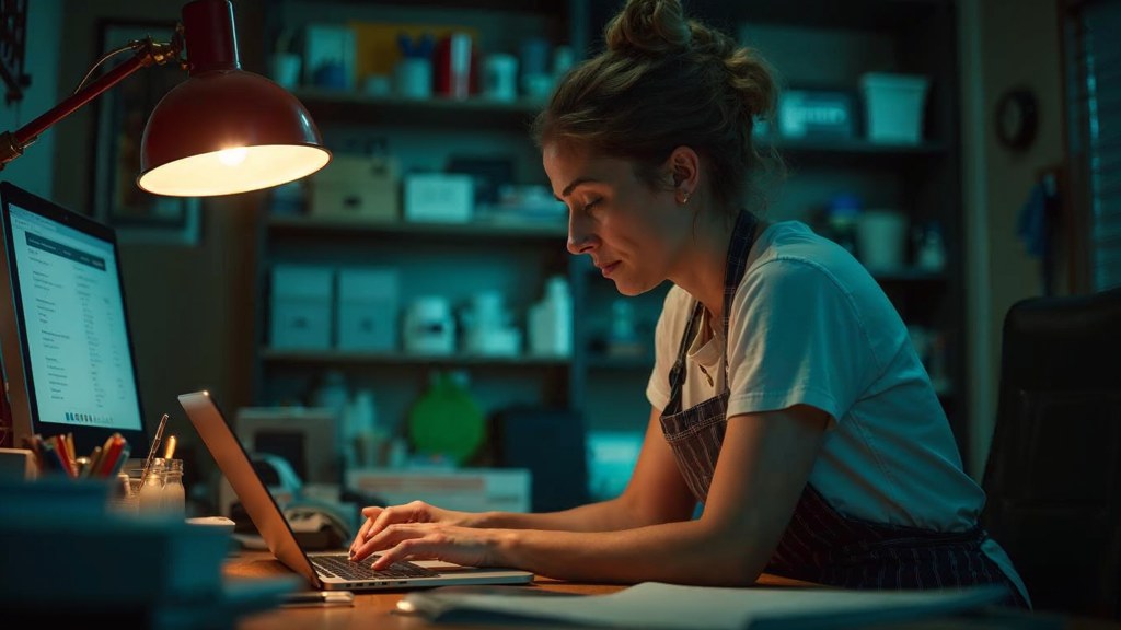 A small-business owner in an apron leaning over a laptop on a cluttered back-office desk late in the day, photographed in Indianapolis