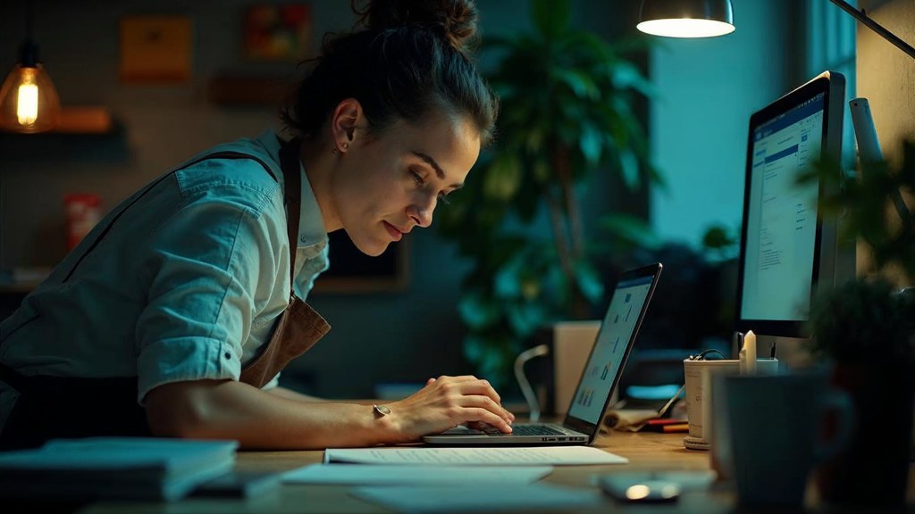 A small-business owner in an apron leaning over a laptop on a cluttered back-office desk late in the day, photographed in Indianapolis