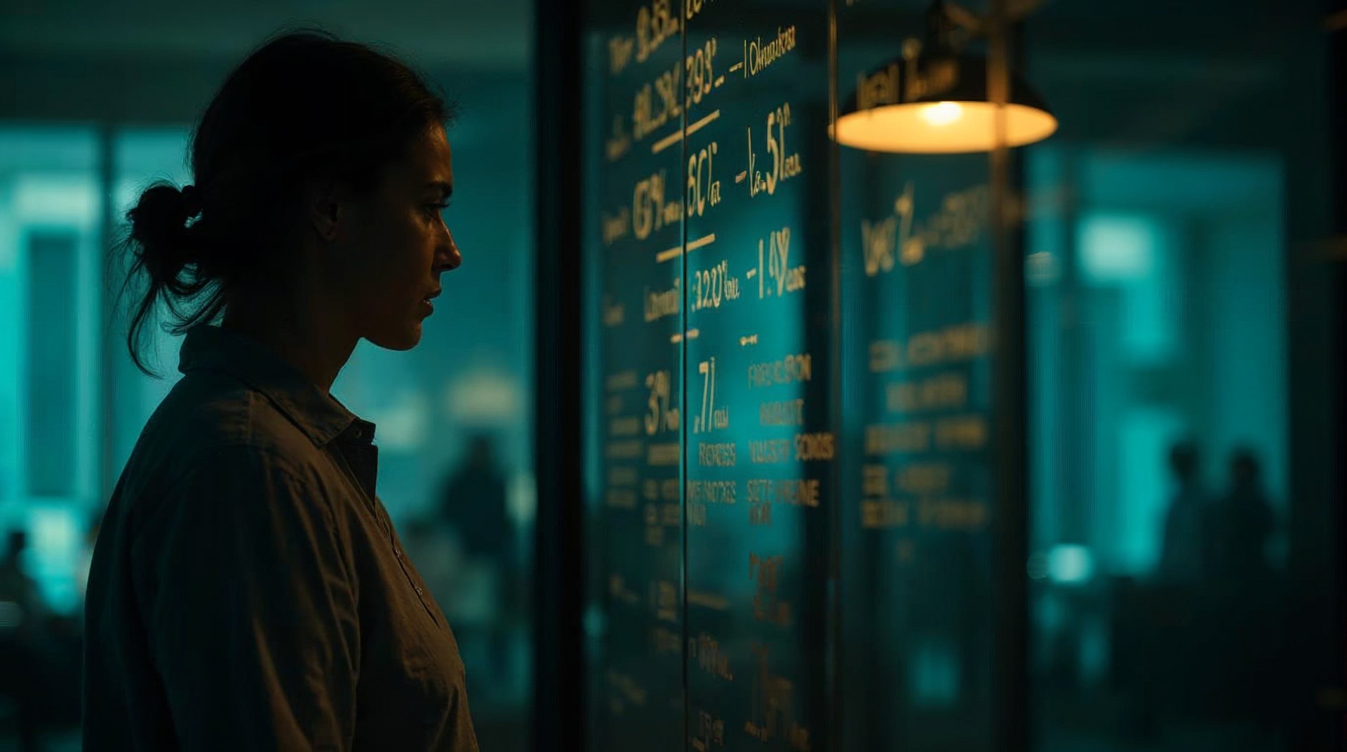 Company founder writing quarterly revenue figures by hand on a glass wall late at night under a single pendant lamp